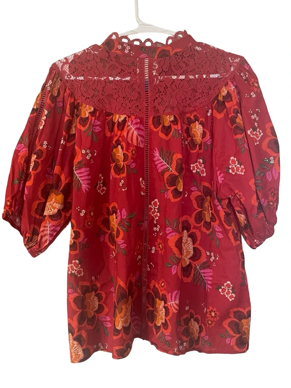Anthropologie FARM Rio Giustina Lace Floral Cotton Blouse XL Red Puff Sleeve